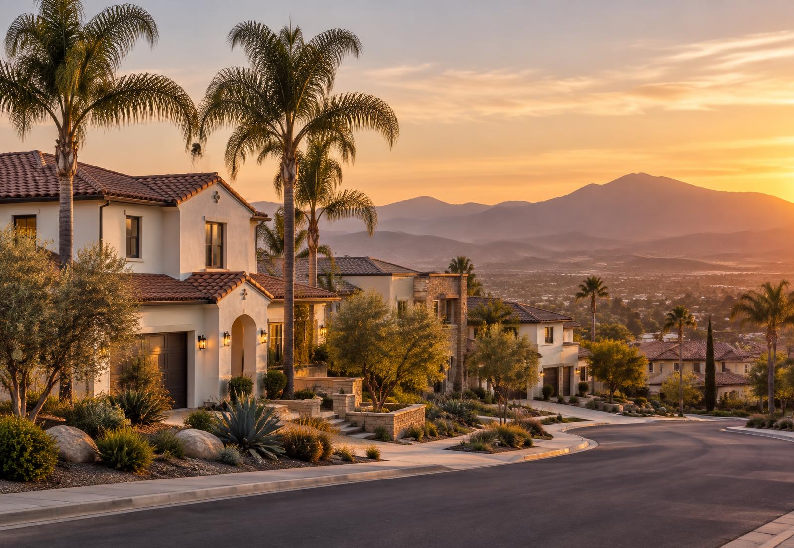Inland Empire neighborhood with mountain views at sunset